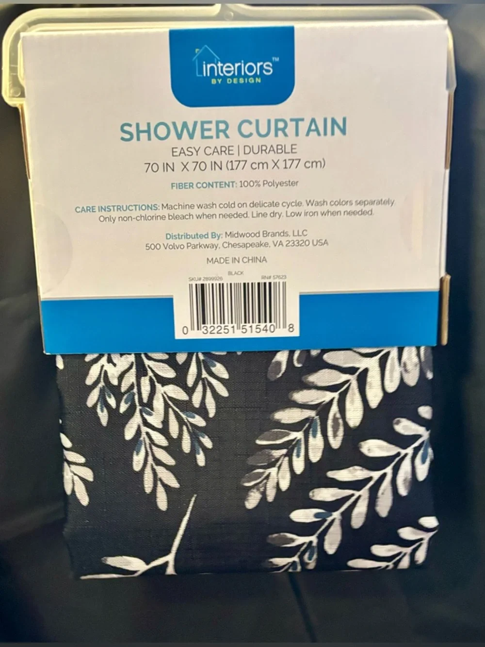 New! Black and White Leaves Fabric Shower Curtain - 70 x 70 in